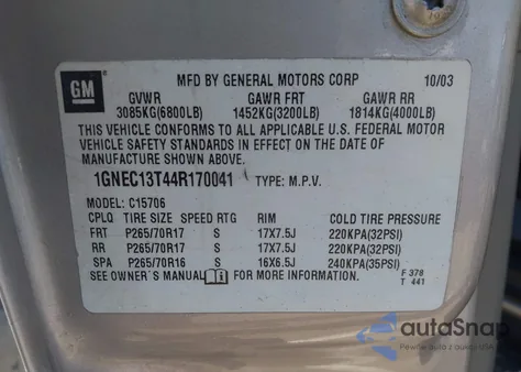 2004 Chevrolet Tahoe Ls from USA, damaged, VIN 1GNEC13T44R170041